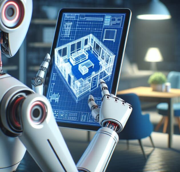 Robô usando tablet para remodelar interior da casa.